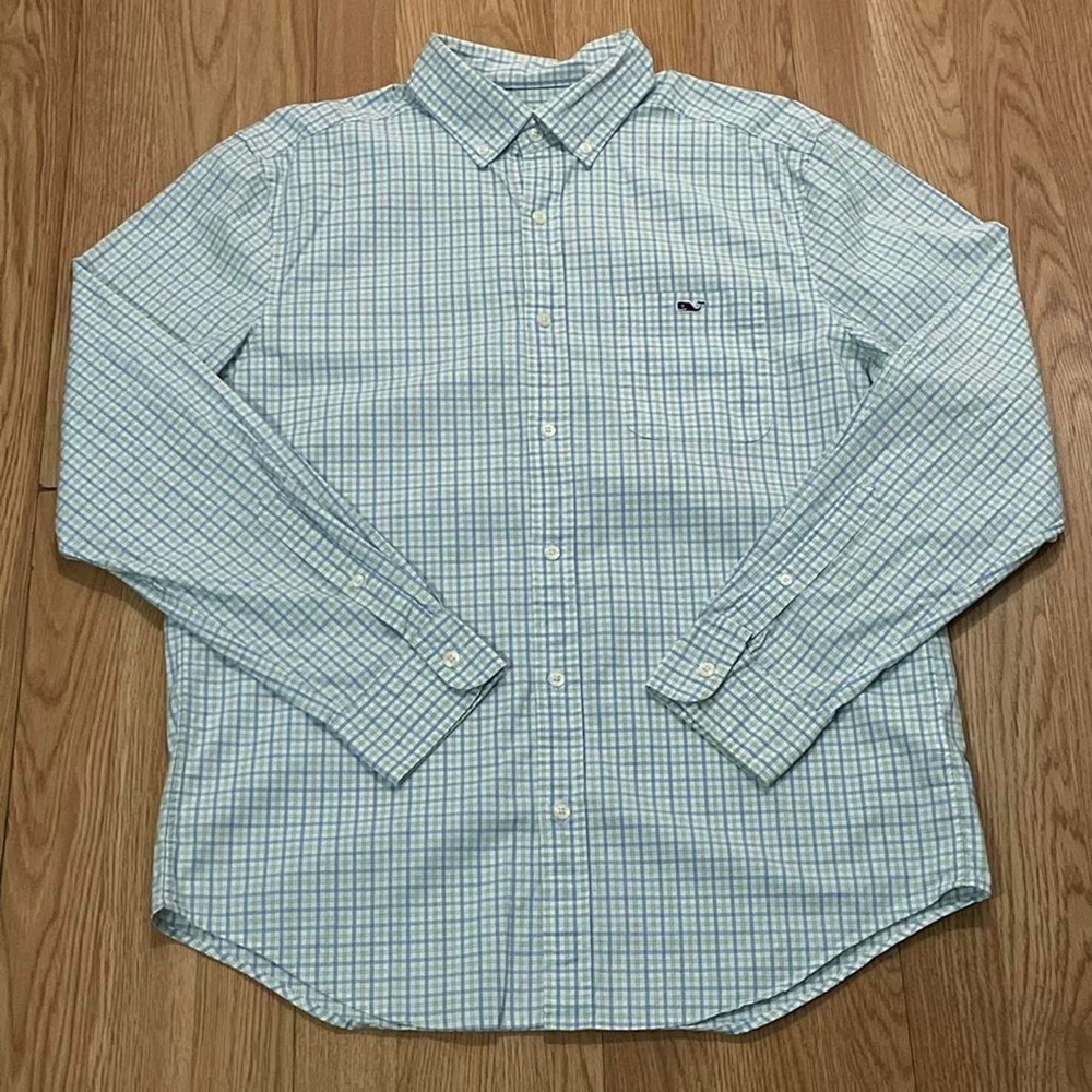 Vineyard Vines Mens Medium Button Up Classic Fit Tucker Shirt Green Blue Plaid